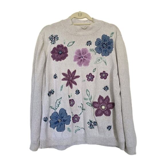 Vtg Floral Embroidered Sweater 1X Bohemian Wearable Art Whimsical Artsy Mockneck - Picture 1 of 9